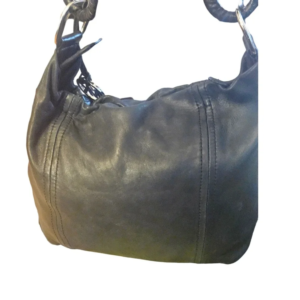 Michael Kors Black Leather‎ Hobo Bag Silver Ring Hardware MK Charm Shoulder Bag